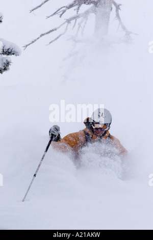 Ein Mann Skifahren Tiefschnee in einem Sturm Almwiesen in Lake Tahoe, Kalifornien Stockfoto