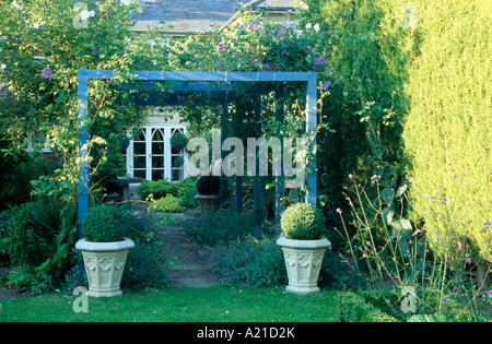 Bauerngarten mit Box Kugeln in Stein Pflanzer auf beiden Seiten des blauen Pergola über Weg mit Cottage-Fenster-Ansicht Stockfoto