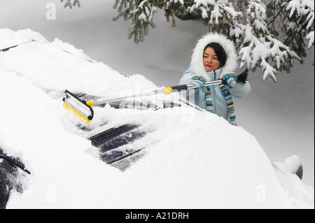 Frau Bürsten Schnee von Van Stockfoto