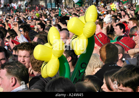Massen des walisischen Rugby-fans einige mit aufblasbaren gelben Narzissen in Cardiff für ein Länderspiel Stockfoto