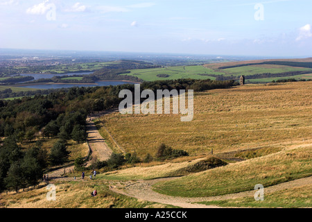 Blick von der Spitze des Rivinton Hecht über Anglezarke und oberen Rivington Stauseen in Richtung Chorley Stockfoto