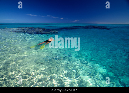 Schnorcheln im kristallklaren tropischen Gewässern von Aitutaki, Cook Islands Stockfoto