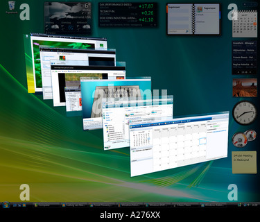 Microsoft Windows Vista, deutsche Version, Desktop mit perspektivisch angeordnete Anwendungen, screenshot Stockfoto