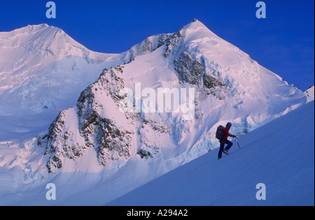 Eiskletterer Klettern eine Steigung auf dem Grand Plateau Gletscher an den Flanken des Mt Tasman in Mt Cook Nationalpark in Neuseeland Stockfoto