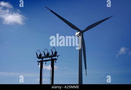 Bradworthy Windkraftanlagen im Bild mit einer Stromversorgung Stockfoto