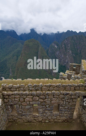Eine Nahaufnahme des Steins arbeiten an der alten Inka-Stätte Machu Picchu in Peru. Stockfoto