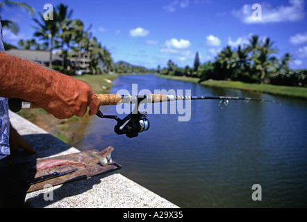 Nahaufnahme von einem mans Hand hält eine Angelrute aus über einen breiten Fluss in Hawaii Stockfoto