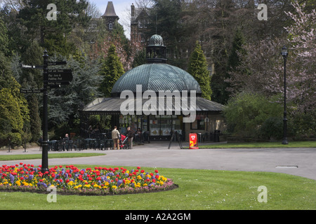 Valley Gardens, Harrogate, Yorkshire, England, UK - schöner Park mit Café (bunte Frühlingsblumen, krautige Grenze & Leute sitzen, entspannen). Stockfoto