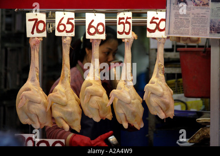 ganze Hühner zum Verkauf in der Wanchai hängen nass Markt, Hong Kong Stockfoto