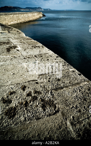 Die berühmten Cobb in Lyme Regis. Es stammt aus dem 13. Jahrhundert und wurde eine Inspiration für Schriftsteller wie Jane Austen. Stockfoto