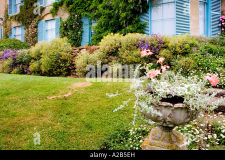 Broadleas Garten, Devizes, Wiltshire mit blauen Fensterläden des Hauses im Hintergrund. Stockfoto