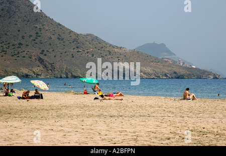 Panoramablick auf Meer & Strand Playa de Mónsul Nijar San St. St. José Andalusien Andalusien Andalusien España Spanien Europa Stockfoto