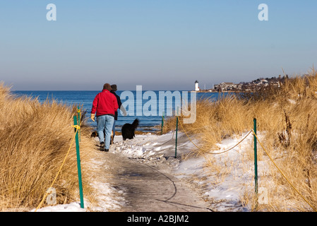 Hund Spaziergänger am Strand Stockfoto