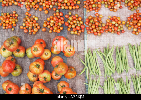 Tomaten und Bohnen am Markt Stockfoto