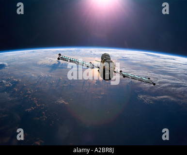 3D Rendern eines Satelliten über der Erde, deutete auf die aufgehende Sonne Stockfoto