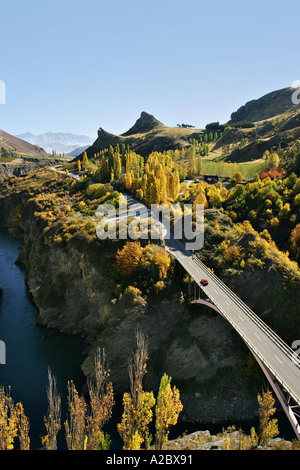 Herbstfärbung und Brücke über Kawarau River Kawarau Gorge Südinsel Neuseeland Stockfoto