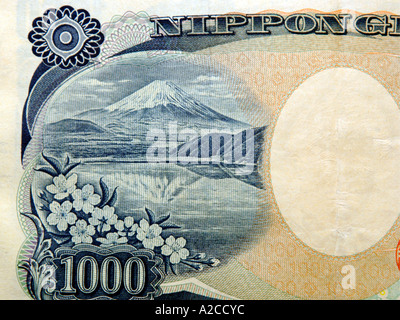 Nahaufnahme des Mount Fuji auf der Rückseite der japanischen Banknote 1000 Yen. Stockfoto