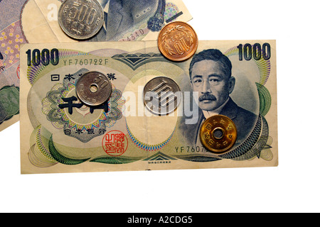 Japanischer Yen Geld vor einem weißen Hintergrund. Stockfoto