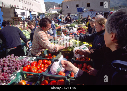 Gemüse im Markt Orgiva Alpujarras Südspanien 56 Jahre alte Engländerin kauft frisches Gemüse vom spanischen Händler Stockfoto