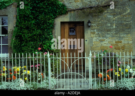 Alten Architekturdetail europäischen Heimat alte Holztür in den Felsen Wand weiß Antik Eisen Zaun Blumen Farbe Garten Stockfoto