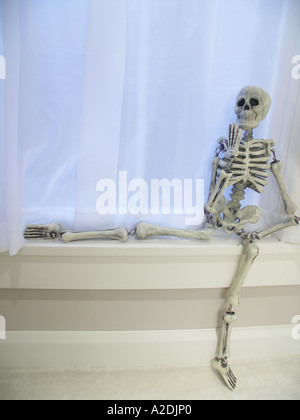 Skelett sitzt auf der Fensterbank Stockfoto