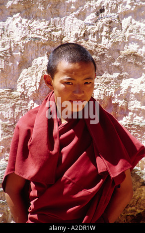 Mönch im Profil, Tashilhunpo Kloster, Shigatse, Tsang, Tibet, China Stockfoto