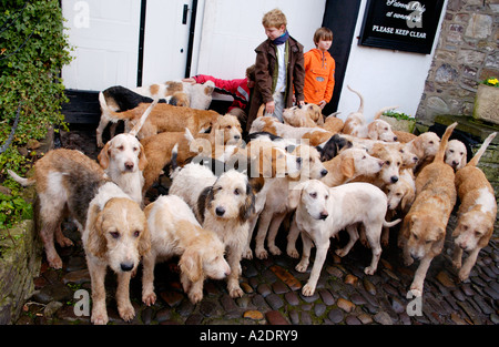 Brecon und Wanderungen Jagd Crickhowell Powys Wales UK GB Jagdhunde versammeln sich vor The Bear Hotel Stockfoto