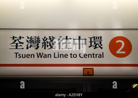 dh MTR MONG KOK HONG KONG MTR Tsuen Wan Line Bahnsteige zu unterzeichnen, Englisch und Kalligraphie Stockfoto