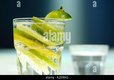 Zitronen und Limetten Scheiben in Glas Wasser Stockfoto