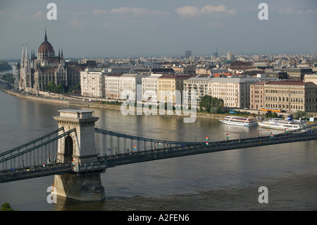 Ungarn, Budapest: Buda / Burgberg Blick auf Donau, Szechenyi (Kette) Brücke & ungarische Parlament Stockfoto