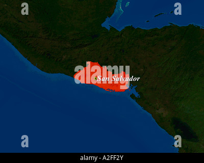 Hervorgehobene Satellitenbild von El Salvador mit der Hauptstadt San Salvador gezeigt Stockfoto