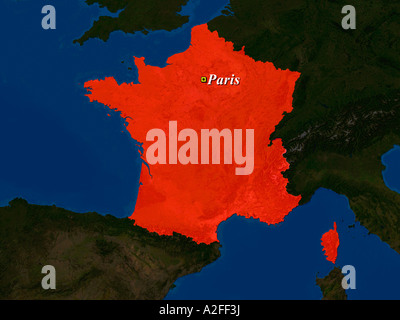 Satellitenbild von Frankreich mit Kapital hervorgehoben Paris gezeigt Stockfoto