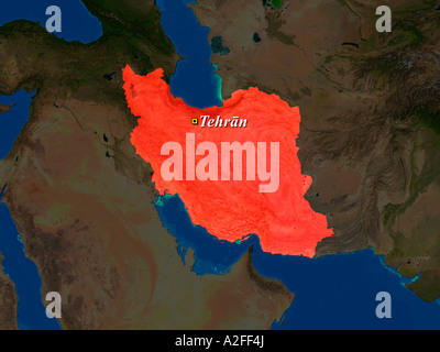 Hervorgehobene Satellitenbild des Iran mit Hauptstadt Teheran gezeigt Stockfoto