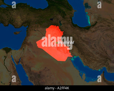 Hervorgehobene Satellitenbild des Irak mit Hauptstadt Bagdad gezeigt Stockfoto