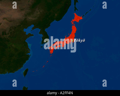 Hervorgehobene Satellitenaufnahme Japans Hauptstadt Tokio gezeigt Stockfoto