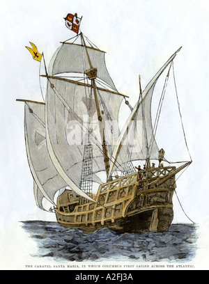 Caravel Santa Maria das Flaggschiff des Kolumbus erste Reise, die Hispaniola sank im Jahr 1492. Hand - farbige Holzschnitt Stockfoto