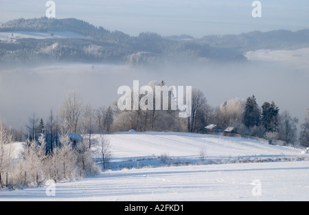 Blick vom Czorsztyn mit Nebel und Berge im Hintergrund, Polen, Europa Stockfoto