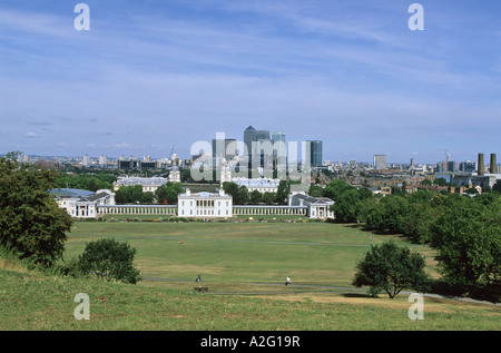 Blick vom Royal Observatory von Queens House, Canary Wharf etc., Greenwich Park, London Stockfoto