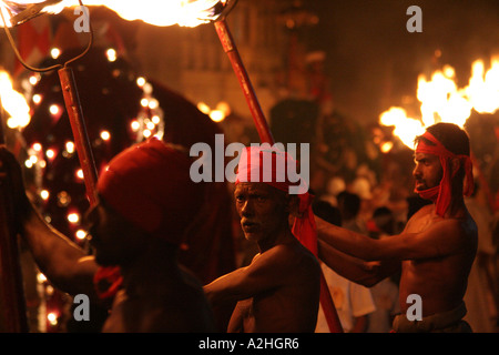 Fackelträger und ein Elefant in das große Kandy Esala Perahera Festival in Kandy, Sri Lanka Stockfoto