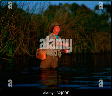 Fischer konzentriert sich, wie er seine Linie beim stehenden Oberschenkel wirft tief in einem Stream Stockfoto