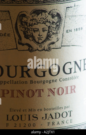 Closeup Nahaufnahme von einer Weinflasche Label Maison Louis Jadot Bourgogne Pinot Noir Appellation Bourgogne Controlee mit der Baccus Stockfoto