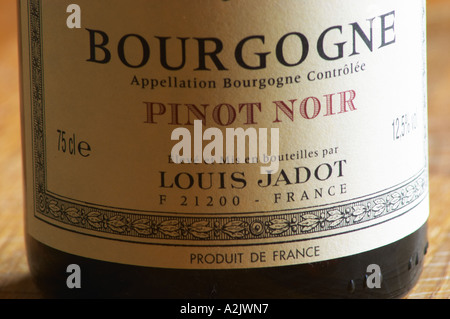 Closeup Nahaufnahme von einer Weinflasche Label Maison Louis Jadot Bourgogne Pinot Noir Appellation Bourgogne Controlee, Maison Louis Jadot, Beaune Côte d ' Cote d oder Bourgogne Burgund Burgund Frankreich Französisch Europa Europäische Stockfoto