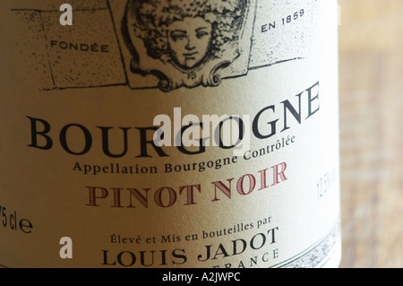 Closeup Nahaufnahme von einer Weinflasche Label Maison Louis Jadot Bourgogne Pinot Noir Appellation Bourgogne Controlee mit der Baccus Stockfoto