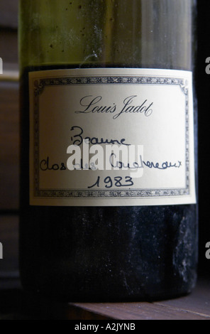 Eine halb leere staubige alte Flasche mit einer handgeschriebenen Etikett Louis Jadot Beaune Clos des Couchereaux 1983 Burgund rot Wein Seite beleuchtete Seite Licht, Closeup, Maison Louis Jadot, Beaune Côte d ' Cote d oder Bourgogne Burgund Burgund Frankreich Französisch Europa Europäische Stockfoto