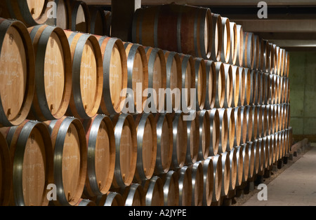 Alterung der moderne Barriquekeller mit Barrique-Stücke mit Reifen Wein, Maison Louis Jadot, Beaune Côte d ' Cote d oder Bourgogne Burgund Burgund Frankreich Französisch Europa Europäische Stockfoto