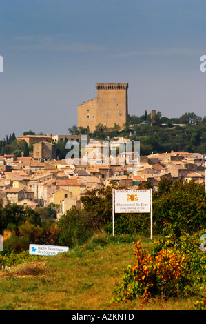 Ein Blick über das Dorf mit dem zerstörten Schloss oben auf dem Hügel, die Terrakotta-Dächer und Häuser und ein Zeichen für die Domaine la Boutiniere. die Ruinen des Papstes Sommer Palast Châteauneuf-du-Pape Châteauneuf, Vaucluse, Provence, Frankreich, Europa Châteauneuf-du-Pape Châteauneuf, Vaucluse, Provence, Frankreich, Europa Stockfoto