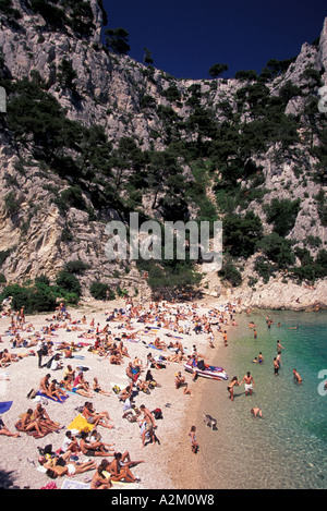 EU, Frankreich, Provence, Bouches du Rhone, Cassis, Calanque d ' en, Vau. Coastal Tal und Strand. Stockfoto