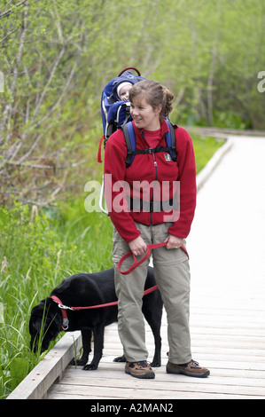 Frau mit schwarzer Hund und Baby im Rucksack am Rücken große vier Ice Caves Trail Snohomish County Cascade Mountains Washington Wandern Stockfoto