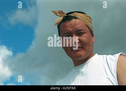 Porträt des Reiseführers. Tolbo Nuur (See). Bayan-Ölgii (Ulgii) Aimag (Provinz). West-Mongolei Stockfoto