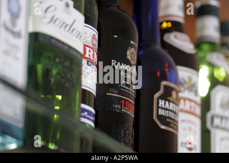 Reihe von alkoholischen Getränken in Flaschen auf dem Rücken bar Regal Stockfoto